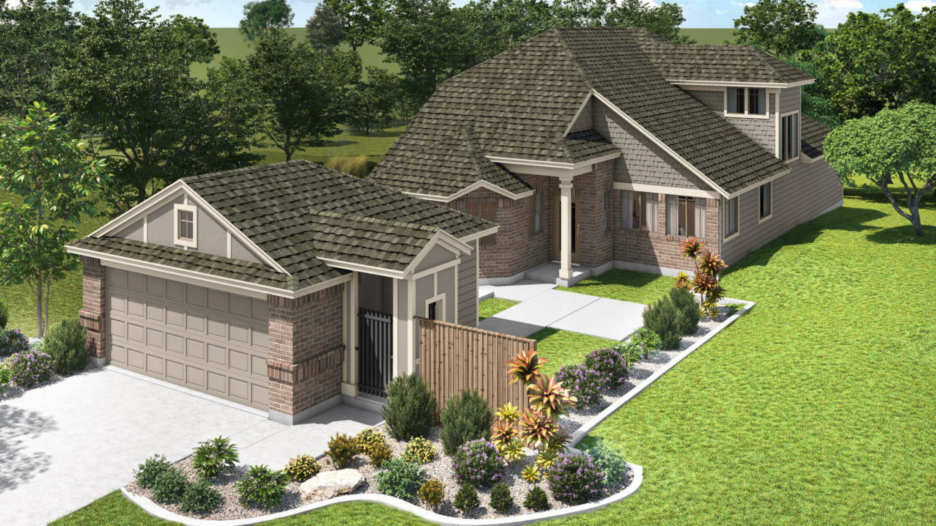 The Campania Courtyard Elevation B with garage D Crosswinds New Homes in Kyle